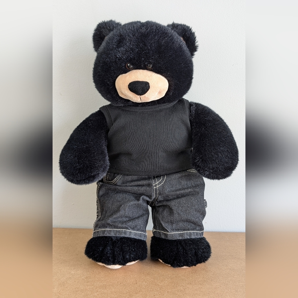 Build A Bear Black Bear Plush w Black Tshirt & Jeans, B.A.B Teddy Bear Toy